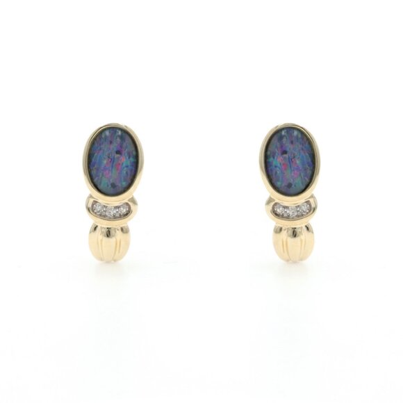 Yellow Gold Opal Triplet Diamond Short J-Hook Earrings 10k Oval Cabochon Pierced